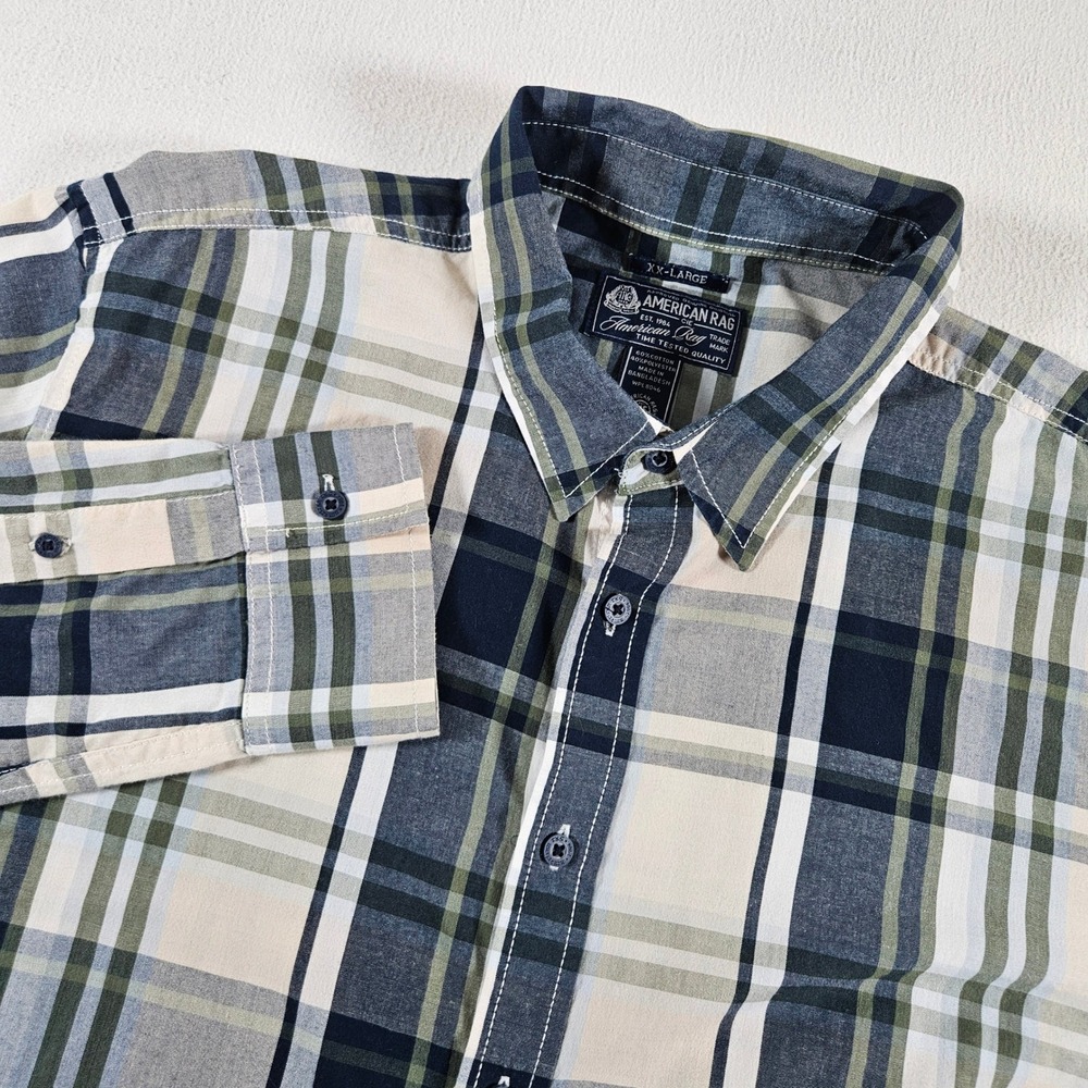 American Rag Plaid Button Down Shirt Mens XXL Blue Green Long Sleeve Regular Fit